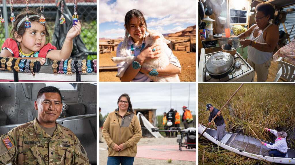 Composite with six images of Native Americans of different ages and from different cultures.