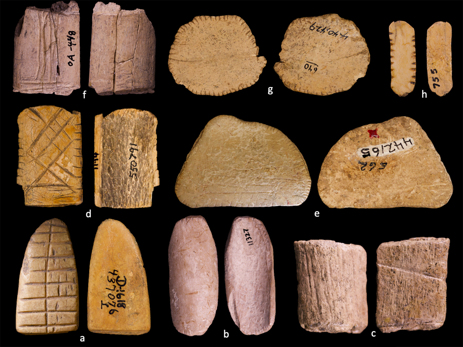 Both sides of eight two sided ancient dice etched with markings are arranged and labeled with letters.