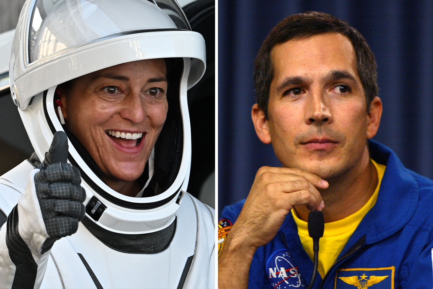 Nicole Mann waves and smiles while wearing a spacesuit and John Herrington in a NASA jumpsuit.